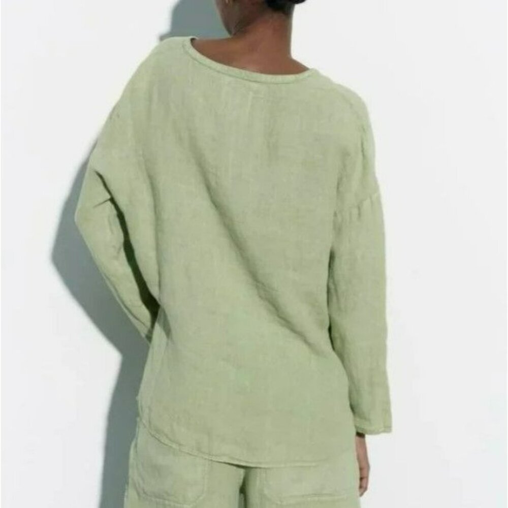 Zara Sage‎ Green Oversized Linen Long Sleeve-Slit Blouse Size Small - Picture 9 of 15